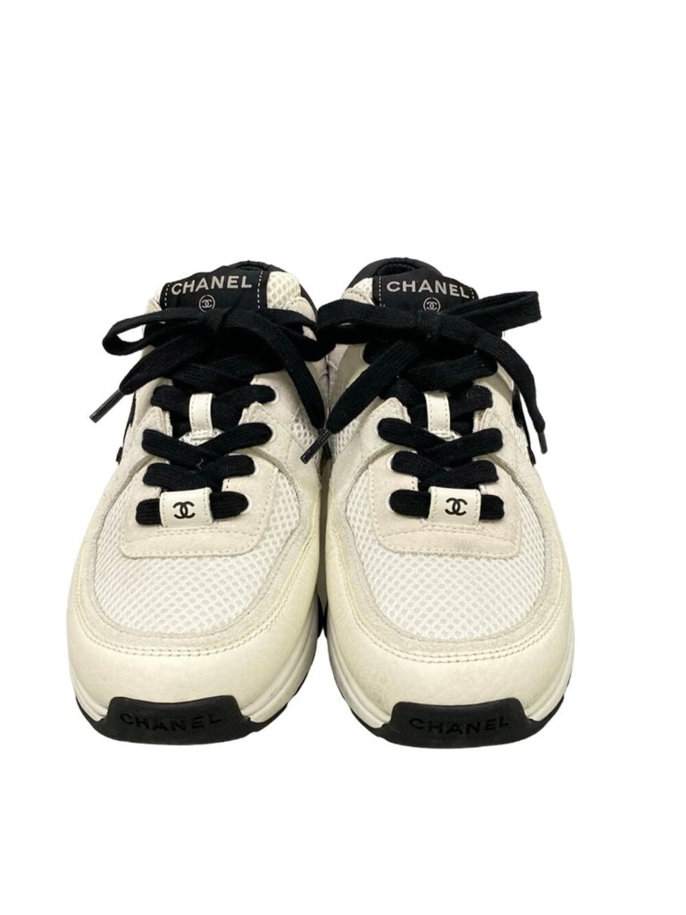 Chanel Sneakers 36.5 White Ivory Black CC Logo Cotton Leather - Picture 5 of 13